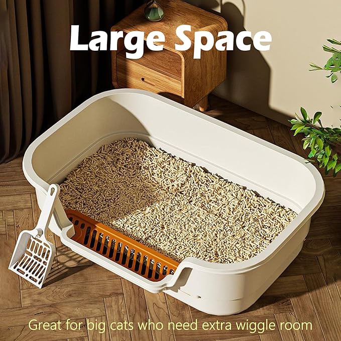 Extea Large Cat Litter Box with High Sides,Cat Boxes for Indoor Cats,Cat Litter Pan for Kitty,Litter Box with Low Entry,Easy to Clean,Anti-Splashing,23.6" x15.7" x6.2" (White)-PawvioPets
