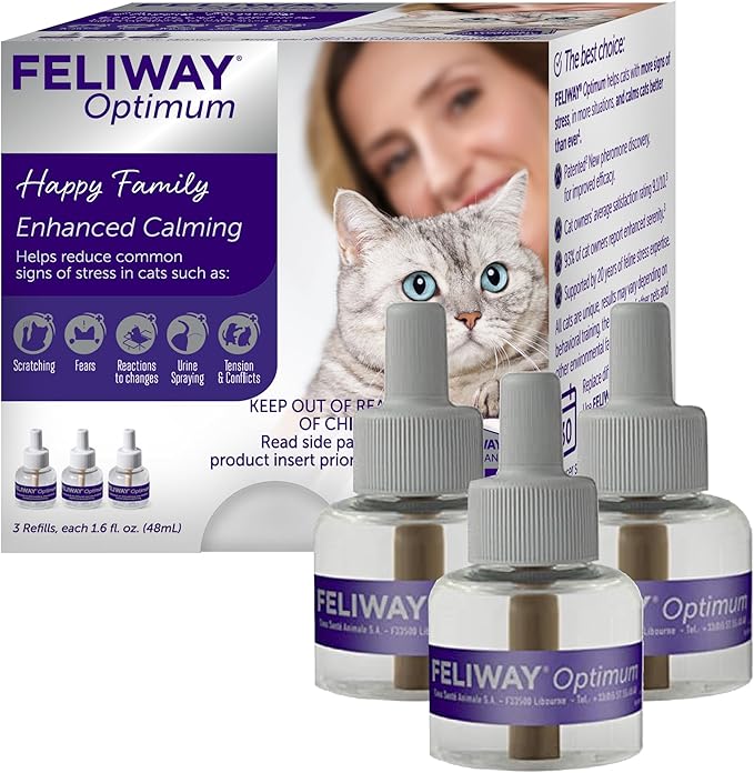 FELIWAY Optimum 3 x 30 Day Cat Calming Refills for Pheromone Diffuser, 3 x 48ml Value Pack - Helps Reduce Common Signs of Stress in Cats & Kittens, Enhanced Calming-PawvioPets