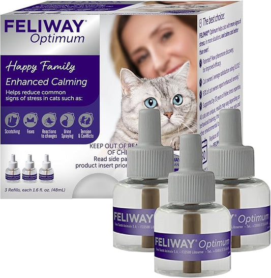 FELIWAY Optimum 3 x 30 Day Cat Calming Refills for Pheromone Diffuser, 3 x 48ml Value Pack - Helps Reduce Common Signs of Stress in Cats & Kittens, Enhanced Calming-PawvioPets