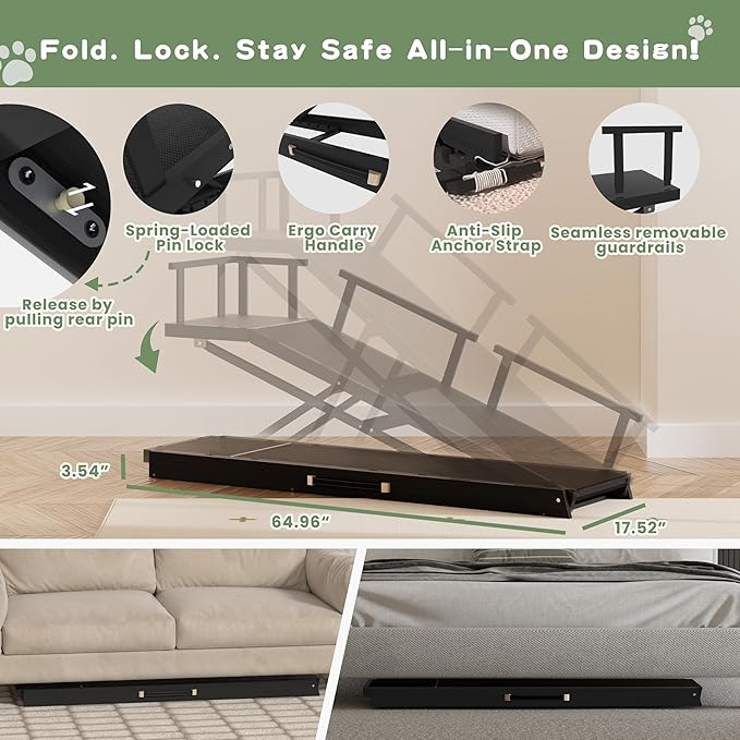 6 Level Height Adjustable Dog Ramp for Bed, Couch 65" Foldable Pet Ramp with Non-Slip Mat，DIY Glow Strips & Rest Platform Heavy Duty Dog Stairs for Large Dogs up to 200Lbs ，Black-PawvioPets