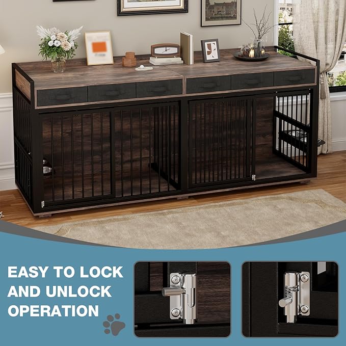 86.6Inch Large Double Dog Crate Furniture,Heavy Duty Metal Frame Dog Crate Kennel with Adjustable Feeder Bowls and Removable Divider&Drawers,Chew-Resistant Dog Kennel for 2 Dogs Indoor-PawvioPets