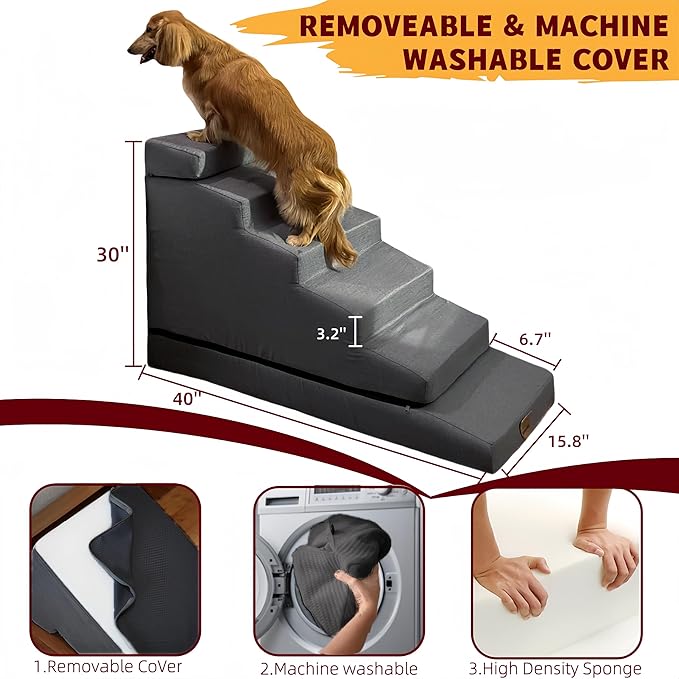 Dog Stair ramp for 30 inch high beds. 6-Step Dog Stair Ramp for 20 to 36 Inch Sofa Beds. Pet Steps for Small, Medium and Large Dogs. Non-Slip, Balanced and Portable. Multifunctional 6 Steps, Gray.-PawvioPets