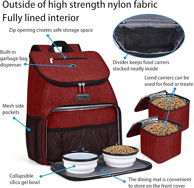 BAGLHER丨Dog Travel Bag, Airline Approved Pet Supplies Backpack, Dog Travel Backpack with 2 Silicone Collapsible Bowls and 2 Food Baskets-PawvioPets