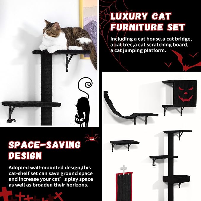 COZIWOW Wall-Mounted Cat Tree | Space-Saving Feline Furniture with Multiple Levels | Durable Scratch Post for Indoor Cats, Black&Red-PawvioPets