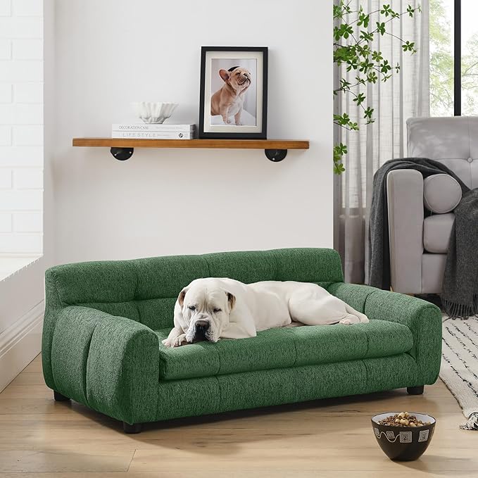 Dog Couch Bed, Mini Sofa for Dogs with Backrest and Armrest, Durable Pet Sofa with Soft Foam Cushion, Elevated Dog Couch Bed with Legs for Medium and Large Dogs, Emerald Green-PawvioPets