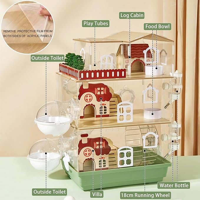 17 in 1 Clear Acrylic Hamster Cage with All Accessories,13.5''L* 10''W* 21''H Dwarf Hamster Cage,Magnetic Connection Small Hamster Enclosure,Garden Style Wooden Pet Mouse Cage for Pet Mice(3-Layer)-PawvioPets