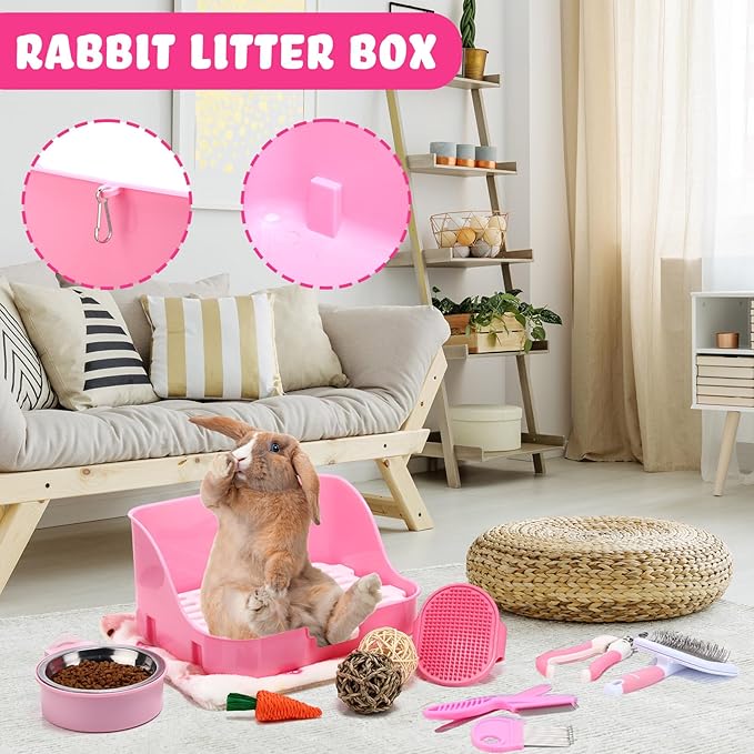15 Pcs Rabbit Starter Kit Small Rabbit Litter Box Animal Grooming Kit Bunny Toys Bowl Blankets with Cleaning Set for Guinea Pig Accessories(Pink)-PawvioPets