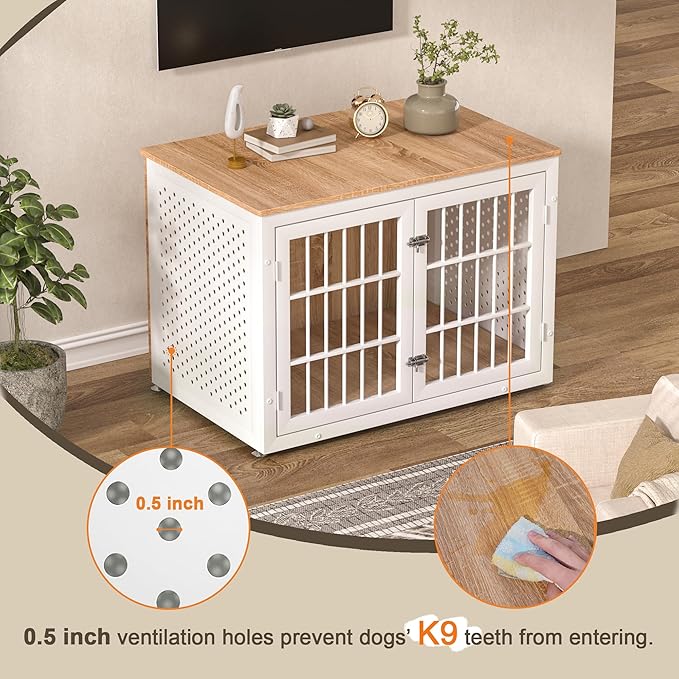 38" Heavy Duty Dog Crate Furniture for Large and Medium Dogs,Wooden Metal Kennel for High Anxiety Dogs, Chew Proof Pet Cage Indoor, Decorative Dog Kennel End Table, White-PawvioPets