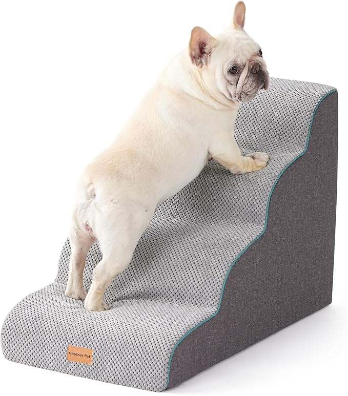 Gardner Pet Dog Stairs for Small Dogs 19.7" H, Curved 4-Step Pet Stairs, Dog Steps for High Bed (18-24 in), Couch with Durable Non-Slip Waterproof Fabric Cover and CertiPUR-US Certified Foam-PawvioPets