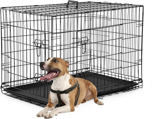 FDW Dog Crate Dog Kennel Cage with Double Door,36 inch Folding Metal Wire Dog Cage with Removable Tray&Divider Panel,Pet Crate for Medium Dogs,Black-PawvioPets