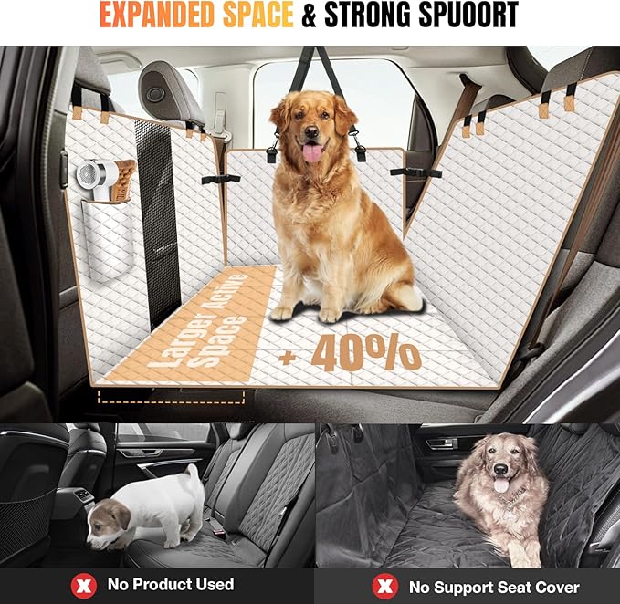 Dog Car Seat Cover for Back Seat, Dog Car Bed Cover with Strong Hard Bottom, Car Back Seat Extender Hammock for Car SUV Truck 4 Panels Beige Color-PawvioPets