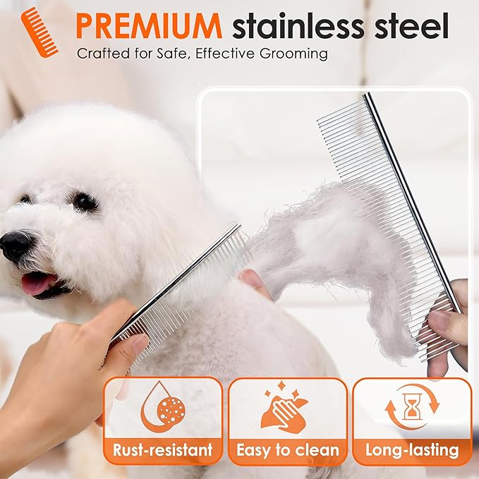 Dog Comb to Remove Tangles and Knots, Cat Comb with Stainless Steel Teeth and Non-Slip Handle, Dog combs for grooming matting for Long Haired Pets (Large)-PawvioPets
