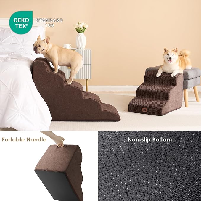 EHEYCIGA Curved Dog Stairs Ramp for High Beds 22.6" H, 5-Step Dog Steps for Small Dogs and Cats, Pet Stairs for High Bed Climbing, Non-Slip Balanced Pet Step Indoor, Brown-PawvioPets