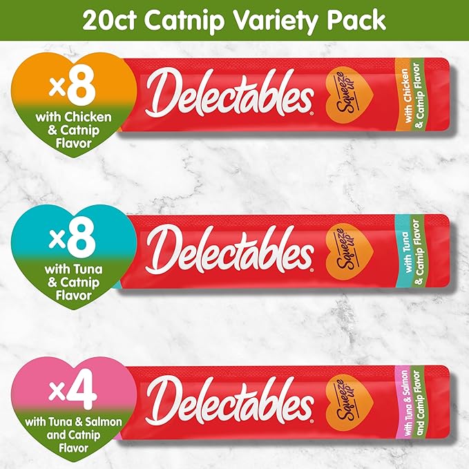 Delectables Squeeze Up Catnip Variety Pack, Creamy Squeezable Puree, Lickable Wet Cat Treats, Grain Free, No Added Fillers, No by-Products, No Added Preservatives, 0.5 Ounces Tube, 20 Tubes Total-PawvioPets