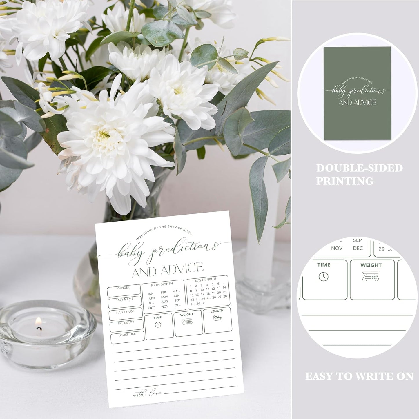 Advice For New Parents Baby Shower, Baby Predictions & Advice Cards For Baby Shower Games Activities, Wishes for Baby, 25 Double-Sided Thick Cards – Minimalist Green A07