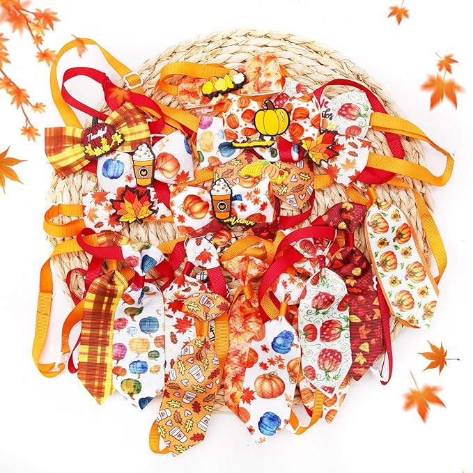 22pcs Fall Dog Bow Tie, Adjustable Bowtie Collar Attachment for Small Medium Pets, Bulk Neckties Set for Thanksgiving Day,Autumn Pet Supplies Charms Hair Costume Accessories(Maple Leaf, Pumpkin)-PawvioPets