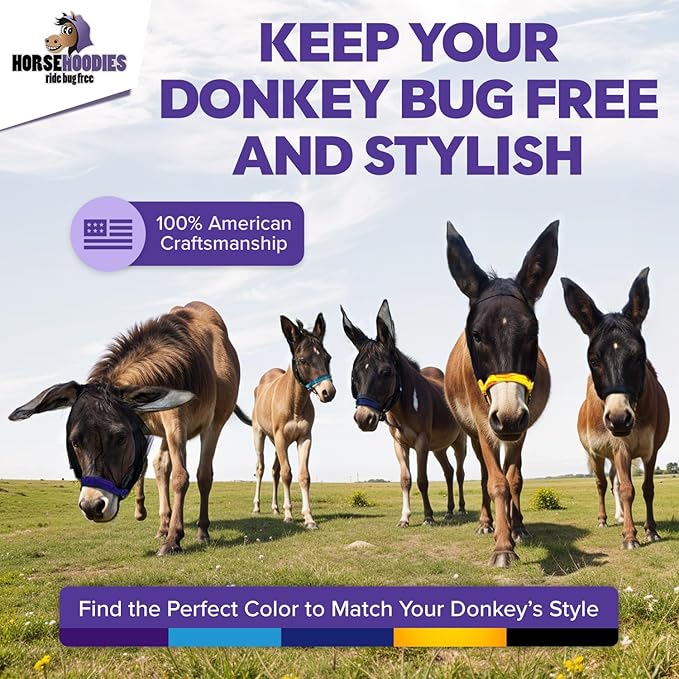 Donkey Fly Mask with Long Ears (Purple) Half Hoodie for Standard Donkey, Made in USA - Mule Fly Mask with Ears Protection from Insects and Bugs, Face Cover Soft Mesh Fabric with Adjustable Fastener-PawvioPets