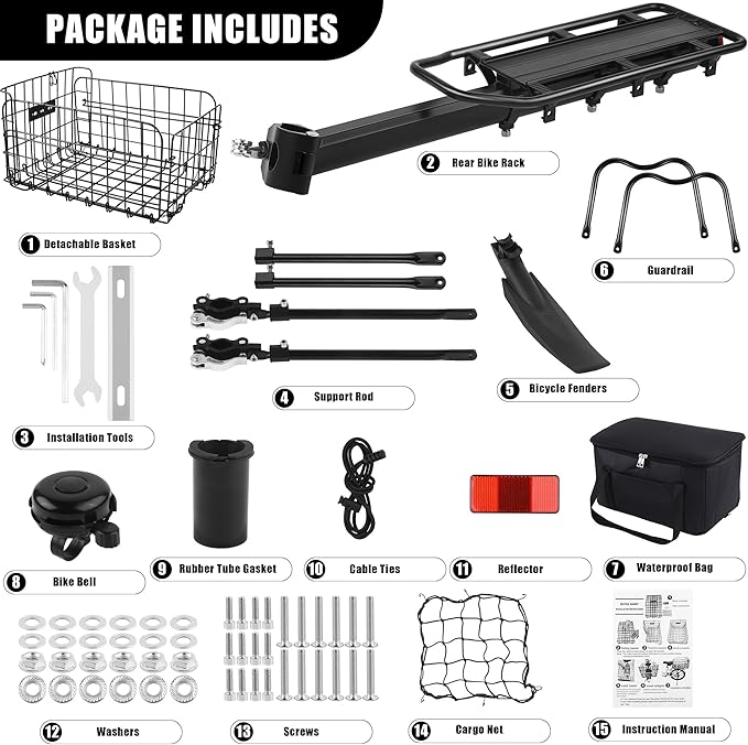Aodaer Rear Bike Rack with Basket Quick Release Bike Rear Rack Heavy Duty Folding Bike Basket with Waterproof Bag & Cargo Net & Installation Tool-PawvioPets