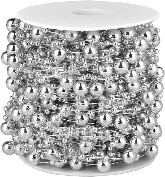 98FT Pearl Beads String Garland, 8mm 3mm Silver Faux Pearl Beads Roll Strand Bulk for Wedding Party Flower Christmas Decoration DIY Craft