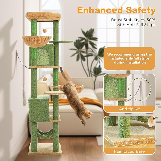 71.2" Large Cat Tree for Multi-Cat Households - 9-Level Cat Tower w/5 Sisal Scratching Posts, 2 Condos, Soft Hammock, Top Perch & Pom Poms - Heavy-Duty Space-Saving Design, Cactus Green-PawvioPets