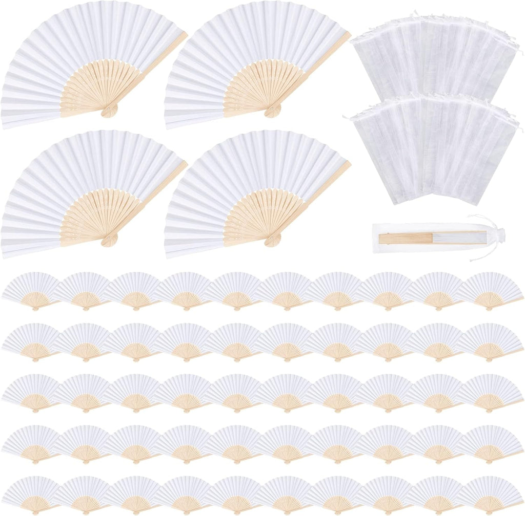 MCEAST 60 Pieces Wedding Handheld Paper Fans White Bamboo Folding Paper Fans with 60 Organza Bags Foldable Cool Wedding Favors Wedding Fans for Guests Party Favors DIY Decoration