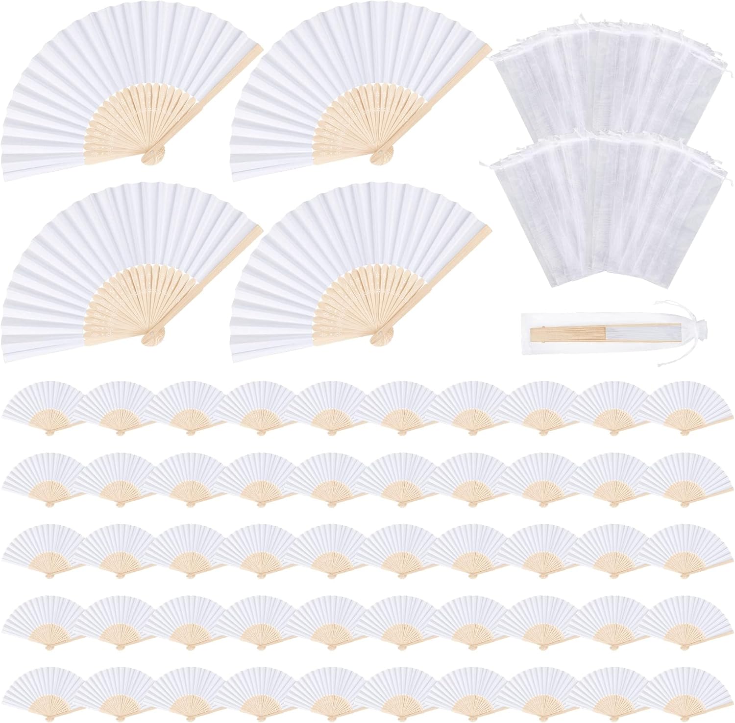MCEAST 60 Pieces Wedding Handheld Paper Fans White Bamboo Folding Paper Fans with 60 Organza Bags Foldable Cool Wedding Favors Wedding Fans for Guests Party Favors DIY Decoration