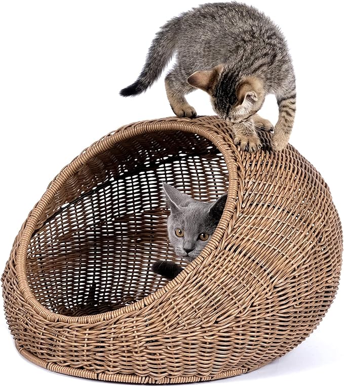 D+GARDEN Wicker Cat Bed Dome for Medium Indoor Cats - a Covered Cat Hideaway Hut of Faux Rattan Houses Pets in Dome Basket, Washable-PawvioPets