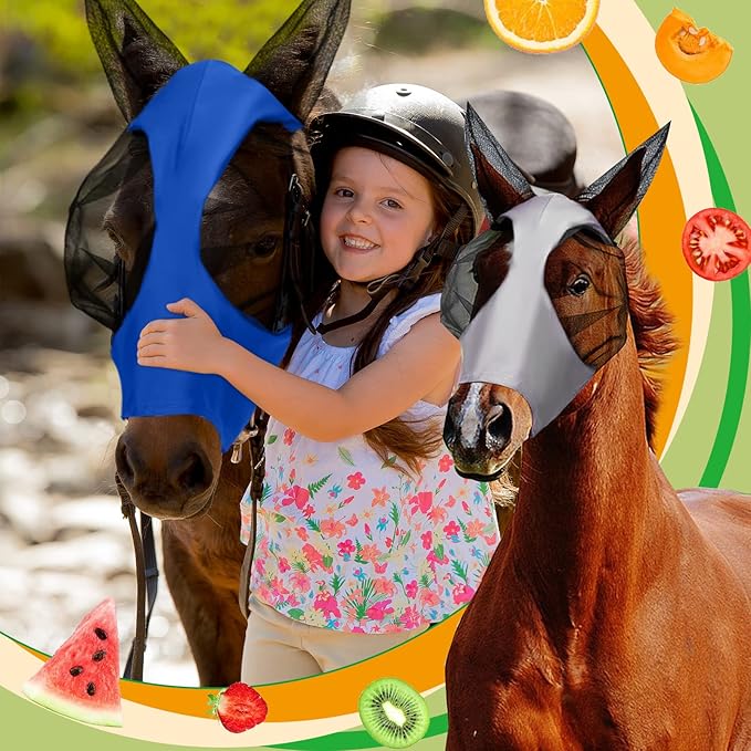 Frienda 4 Pcs Horse Fly Masks with Ears Head Fly Masks for Horses Smooth Elastic UV Protection Cover from Summer Insect Pests(Medium,Black, Gray, Blue, Mint Green)-PawvioPets