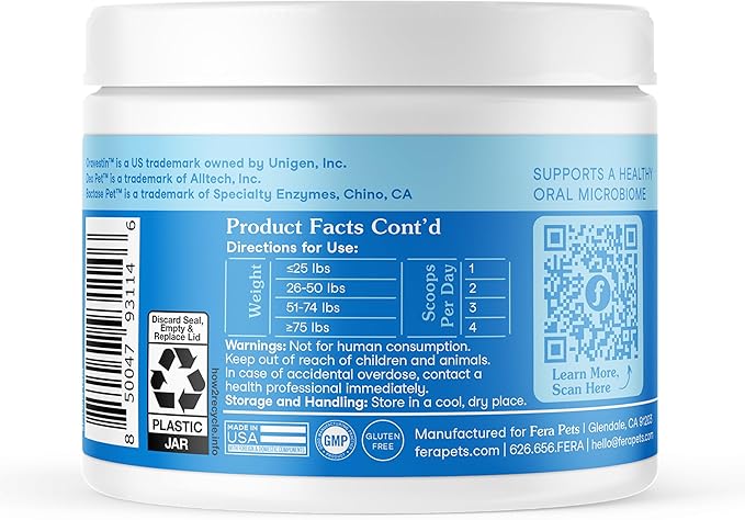 Fera Pets Cat & Dog Dental Support Powder - Supports Fresh Breath - Promotes Healthy Teeth and Gums - Targets Tartar Build-Up - Includes Kelp, Enzymes & Postbiotics - 60 Scoops-PawvioPets