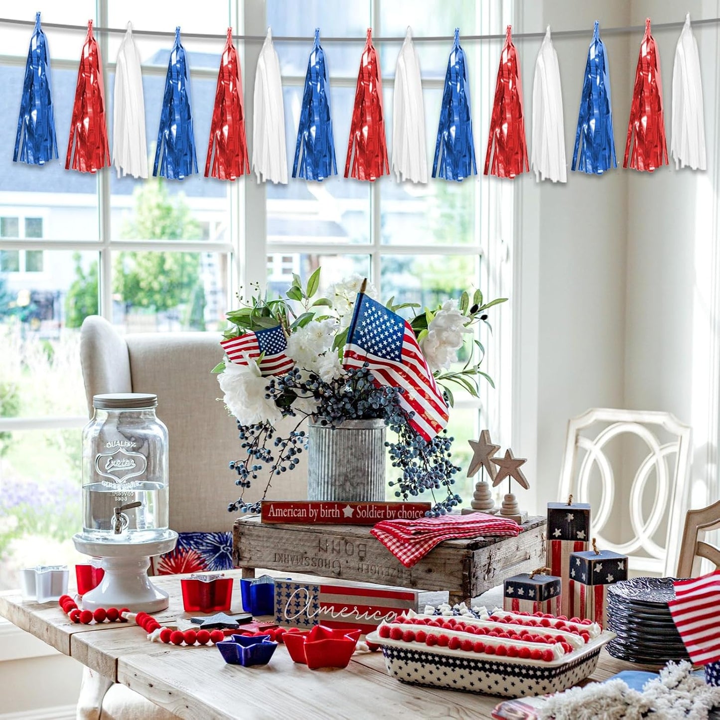 8P Red Blue White Foil Fringe Metallic Tassel Streamers Banner Tassel Garland for Parade Floats, Bachelorette, Wedding, Birthday, Halloween, Christmas, Bridal/Baby Shower Party Decorations