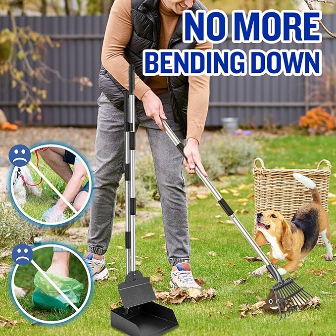 Dog Pooper Scooper, Tray Rake and Spade 3 Pack Poop Scoop Adjustable Long Handle Metal with Bin for Pet Waste Removal, No Bending Clean Up for Large and Small Dogs-PawvioPets