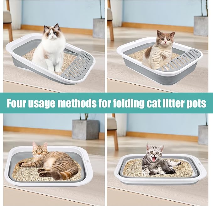 Cat Litter Box for Travel, 18"×14" Grey Small Litter Box for Open Foldable Waterproof Litter Pan,Kitty Litter Box Easy to Clean and Assemble, Portable Litter Box with Scoop-PawvioPets