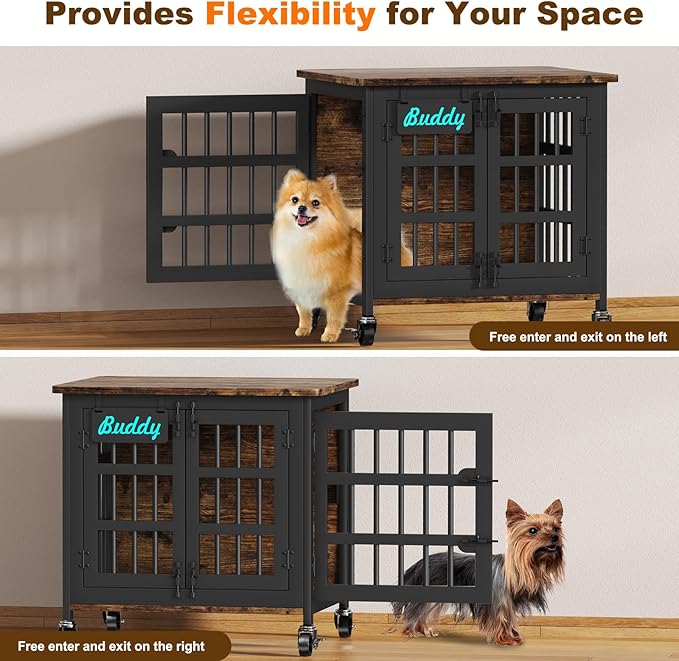 EasyCom Heavy Duty Dog Kennel Indoor with Name Tag, 27" Dog Crate Furniture for Small Dogs, Double-Doors Sturdy Metal Dog Cage for Anxiety Dog-PawvioPets