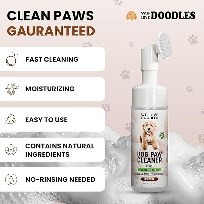 Dog Paw Cleaner (Over 100+ Feet Cleanings) No-Rinse Dog Foot Washer, Gentle and Safe Paw Cleaner for Dogs and Cats, Foam Formula, Moisturizes and Deodorizes, 150mL (Coconut) [We Love Doodles]-PawvioPets