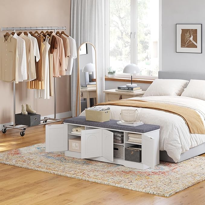 DINZI LVJ Shoe Bench, Entryway Storage Bench with Doors, Cushion, 2-Tier Shoe Rack with 8-Cubby, 47.2”L x 13.8”W Shoe Organizer Cabinet, Adjustable Shelf, Living Room, Bedroom, White-PawvioPets