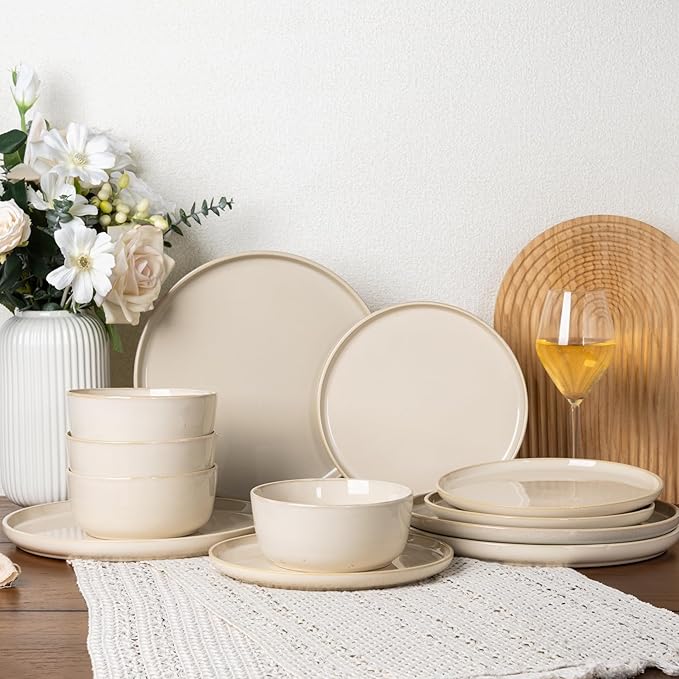 GBHOME Ceramic Dinnerware Sets for 4, 12 Pieces Stoneware Plates and Bowls Sets, Scratch Resistant Dishes, Dishwasher & Microwave Safe, Reactive Glaze-Vanilla color-PawvioPets