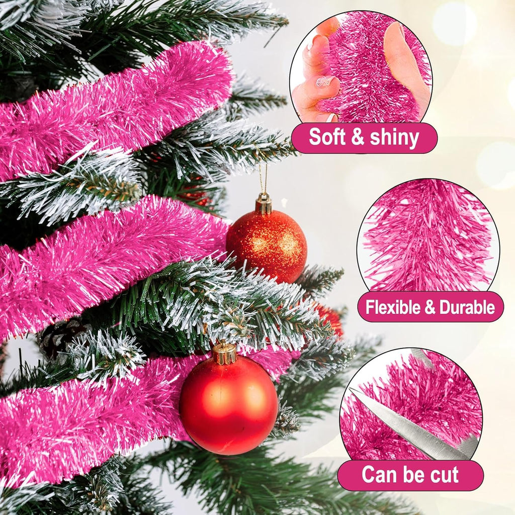 50 Feet Pink Christmas Tinsel Garland, Metallic Foil Twist Garland Wall Hanging Tinsel Banner Backdrop for Parade Floats, Easter, Mother's Day, Wedding Party Decorations (2in x 50ft)