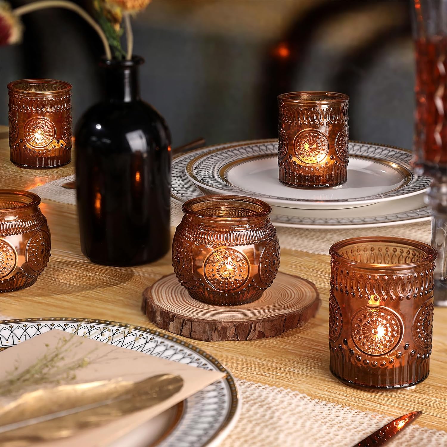 DARJEN 24Pcs Amber Votive Candle Holders - Vintage Glass Candle Holder, Candle Holders Bulk for Wedding & Home Decoration, Tea Lights Candle Holders for Festival Party Gift