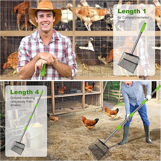 12inch Large Chicken Poop Scooper，2 Widths of Slots Litter Sifting Shovel （23 to 66"），Chicken Coop Litter Scoop with Stainless Steel Handle, 4 in 1 Multifunctional Heavy Duty Chicken Coop Accessories-PawvioPets