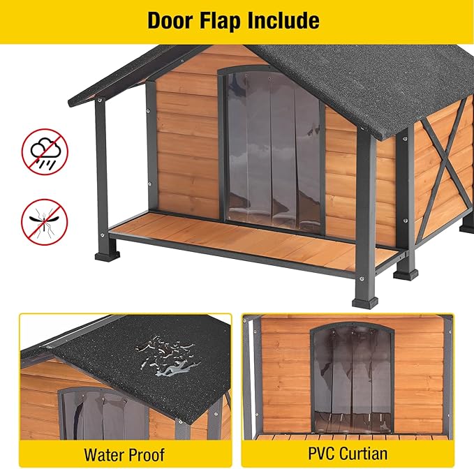 Aivituvin Dog House with Insulated Liner Outdoor All-Around Iron Frame Dog Kennel Outside with Overhang Roof Large Porch Weatherproof-PawvioPets