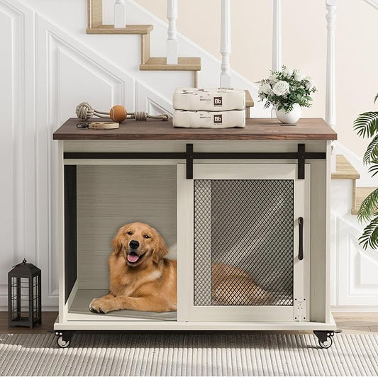Dog Crate Furniture,37 Inch Indoor Dog Cage with Sliding Barn Door, Flip Top Dog Kennel End Table with Removable Divider, Farmhouse Wooden Pet House for Small to Middle Size Dogs-PawvioPets