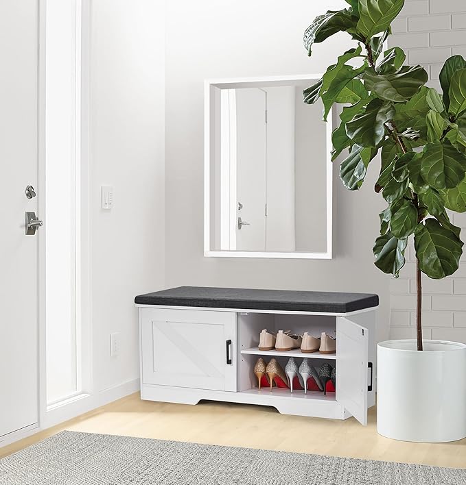 2-Tier Storage Bench, Shoe Bench with Padded Seat Cushion, Entryway Bench with 2 Barn Doors, Adjustable Shelf, 13.8" D x 39.4" W x 17.7" H, for Entryway, Living Room, Bedroom, White-PawvioPets