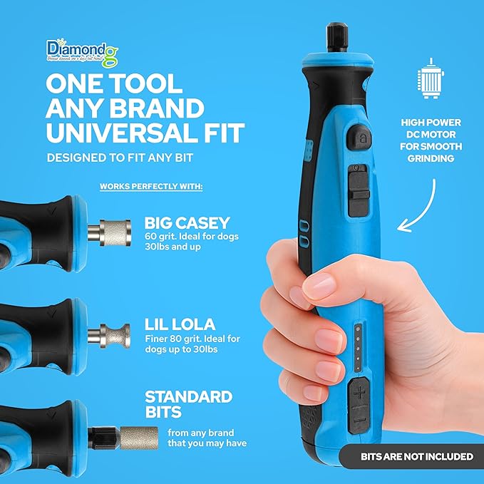 Diamondg Cordless Dog Nail Grinder with Quiet Sound & LED Tip for Large & Small Dogs, 4hrs. Runtime, 2 Bits Included, Blue-PawvioPets