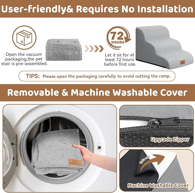 Dog Ramp and Stair for Bed 16" H-20 H,3-Step Cat Stair for Sofa and Chair,4-Step Dog Ramp for High Bed and Window,Durable Nonslip Fabric Cover for Indoor (Light Grey-16 H, Pet Friendly, 3)-PawvioPets