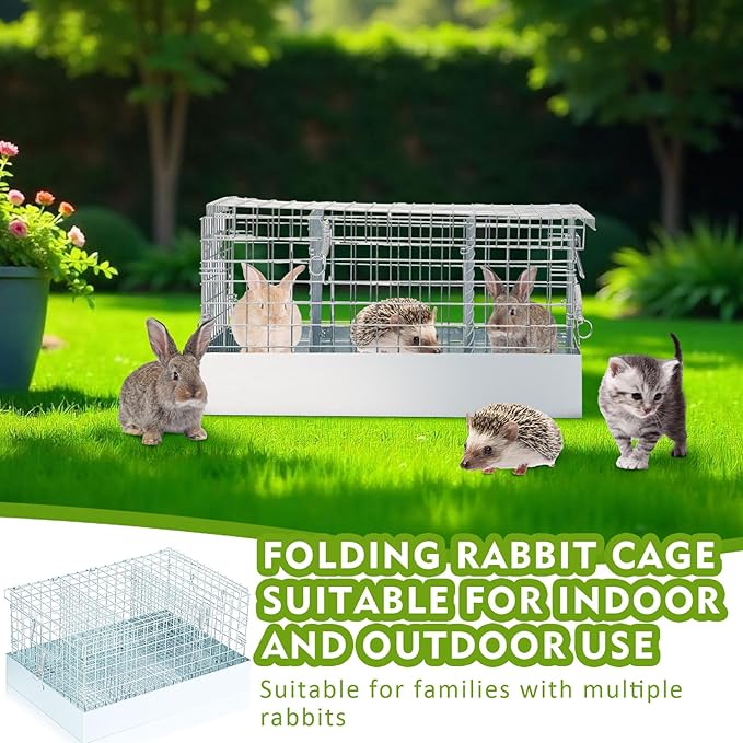 Folding Rabbit Cage, 18 x 12 x 10 in Portable Bunny Carrier with Tray and Handles for Transport, Travel or Temporary Housing, Indoor Outdoor Pet Habitat Animal Enclosure-PawvioPets