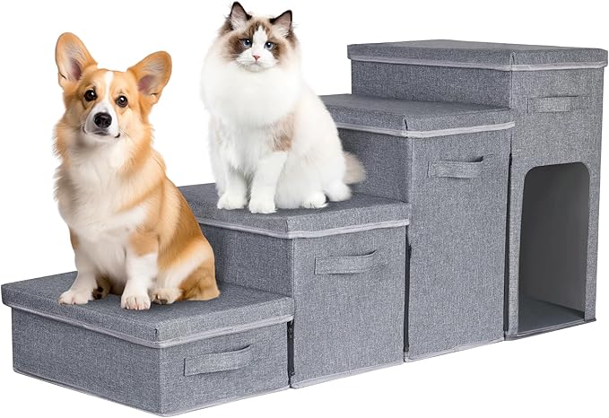 Dog Stairs with Storage, Folding Pet Steps with Zip for Small Dogs and Cats, 4-Step Pet Stairs with Pet House for High Bed, Couch and Car Ramp (Gray, 4 Steps with Condo)-PawvioPets