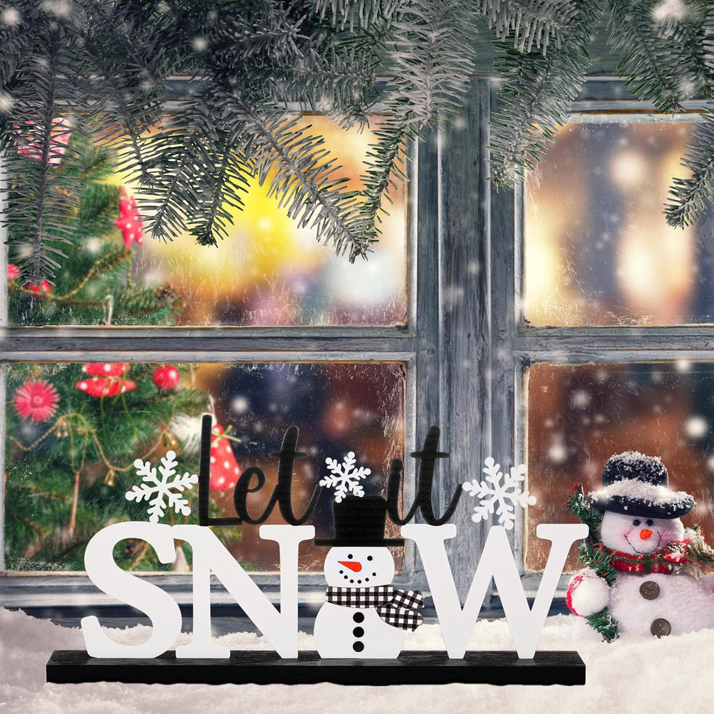 Winter Metal Sign Let It Snow Table Decor Christmas Tiered Tray Decor with Wooden Base Metal Black and White Snowman Snowflake for Xmas Home Tabletop Centerpiece Mantel Shelf Fireplace