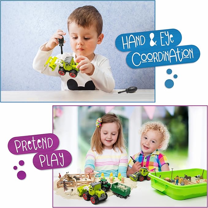 59 PCS Farm Sensory Bin Sandbox with Lid, 2.2 LB Sensory Sand, 40 Toddler Farm Toys, 3 Take Apart Construction Trucks -Sensory Toys for Kids 5-7, 3-4 & Up- Kids Gifts for Boys and Girls-PawvioPets