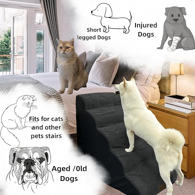 Dog Stairs & Pet Ramp for Small/Large Dogs to High Beds/Couches - 5 Steps 24-inch Height for 18-30 inch Furniture, 2 Washable Covers (Black, Grey), Non-Slip Balanced 33D Design for Old Dogs & Cats-PawvioPets