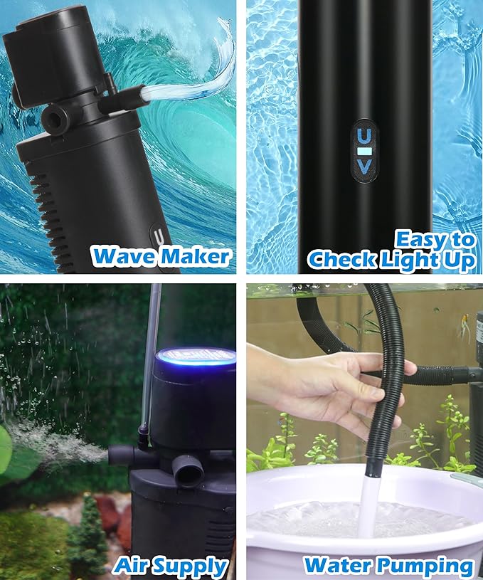COOSPIDER Aquarium Filter U-Very Suitable for 10-45 Gallon Tank, 158GPH Small Fish Tank Filters for Green Control, Powerful Internal Submersible Pump for Turtle Tank, Air Supply & Oxygen Enhancement-PawvioPets